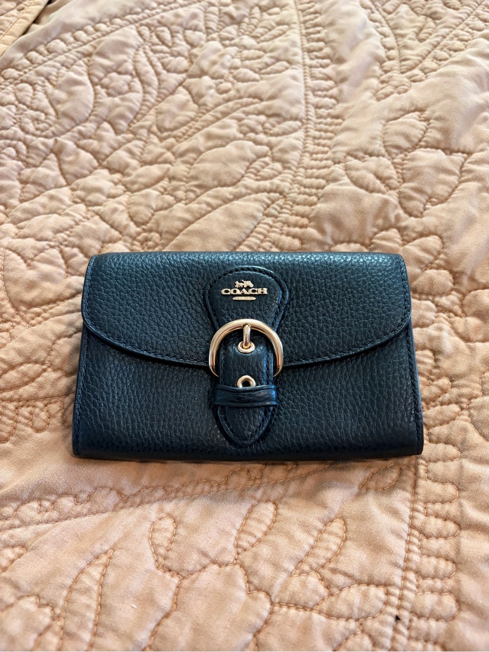 Coach Black Pebbled Leather Continental Wallet with Gold Buckle